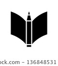 Pen and paper sheet, notebook, book. Isolated black simple vector illustration on white background. 136848531