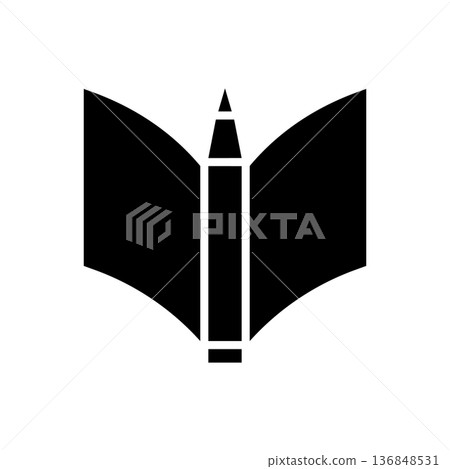 Pen and paper sheet, notebook, book. Isolated black simple vector illustration on white background. Pen and paper sheet, notebook, book. Isolated black simple vector illustration on white background. 136848531