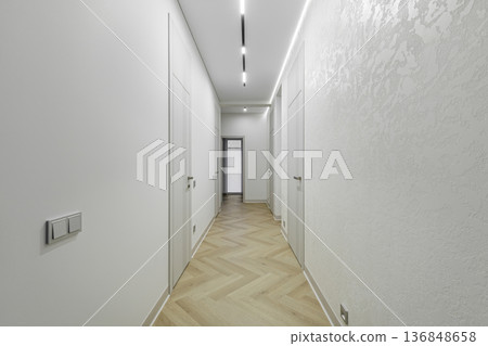 Modern Minimalist Hallway with High White Doors and Linear Lighting 136848658