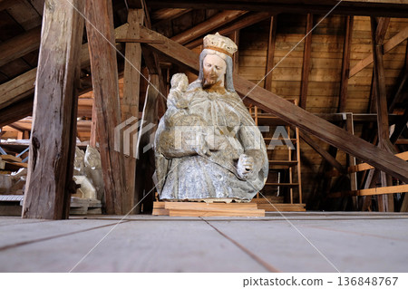 Statue of Virgin Mary with baby Jesus in the attic of the Zagreb cathedral Statue of Virgin Mary with baby Jesus in the attic of the Zagreb cathedral 136848767