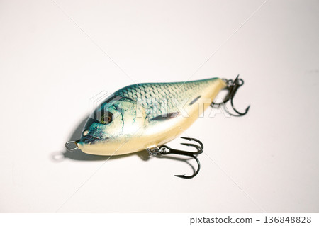 Fishing accessories bobbers, hooks, tackles, baits isolated on white background. Image for shop for fisherman. Close up Fishing accessories bobbers, hooks, tackles, baits isolated on white background. Image for shop for fisherman. Close up 136848828