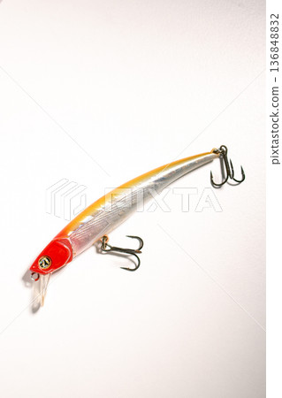 Fishing accessories bobbers, hooks, tackles, baits isolated on white background. Image for shop for fisherman. Close up Fishing accessories bobbers, hooks, tackles, baits isolated on white background. Image for shop for fisherman. Close up 136848832