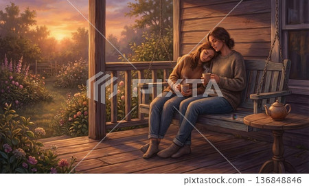 Two women sitting on a rustic wooden porch swing holding steaming mugs in a garden at golden sunset 136848846