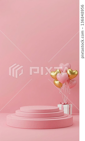Low Pink Cylinder Podium with Gift Box and Balloons 136848956