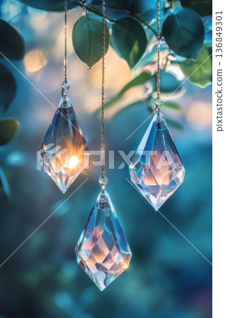 Three crystal decorations hanging from a tree branch reflecting sunlight 136849301