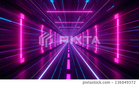 Endless neon tunnel with glowing pink and blue lights creating a sense of speed 136849372
