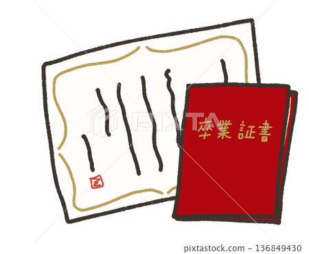 Hand-drawn graduation certificate illustration, bifold case, holder, file, red, burgundy, crimson 136849430