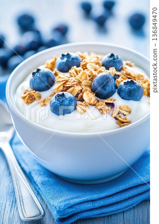 Bowl of yogurt topped with fresh blueberries and granola on a pastel blue napkin in morning light 136849470