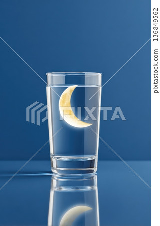 Conceptual image of a glowing crescent moon reflected in a glass of water on a blue background, showcasing a creative and artistic interpretation of light and reflection 136849562