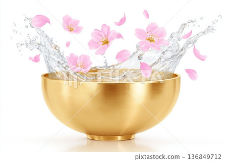 Golden Thai water bowl pouring a dynamic splash with pink flower petals scattered around, creating an elegant and vibrant visual display of water and floral elements 136849712