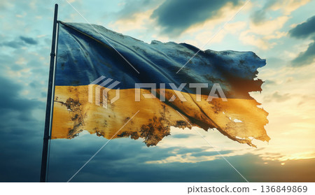 Torn Ukrainian Flag Against Dramatic Sky Symbolizing Conflict and Resilience 136849869