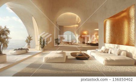 Luxury Coastal Living Room with Organic Architecture Luxury Coastal Living Room with Organic Architecture 136850402