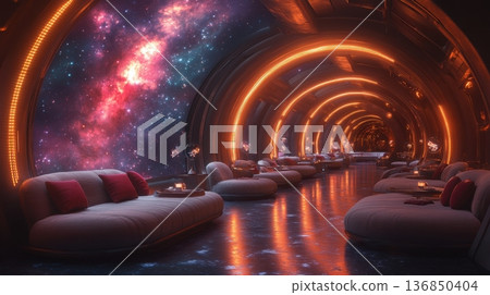 Luxurious Space Lounge with Stunning Galaxy View Luxurious Space Lounge with Stunning Galaxy View 136850404