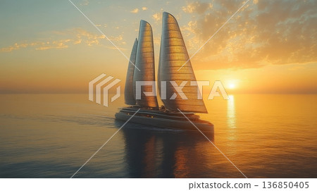 Futuristic luxury sailboat at sunset over calm ocean Futuristic luxury sailboat at sunset over calm ocean 136850405