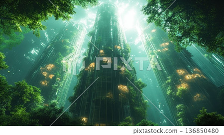 Futuristic Green Cityscape with Towering Vertical Forest Architecture Futuristic Green Cityscape with Towering Vertical Forest Architecture 136850480