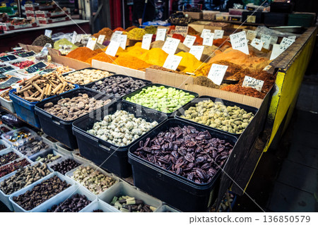 Tel Aviv, Israel, January 5, 2026 Daily life and morning bustle at the Carmel Market (Shuk HaCarmel 136850579