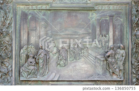 Presentation of the Virgin in the Temple, detail of central bronze door on the right of the Cathedral St. Mary of the Assumption in Pisa, Italy Presentation of the Virgin in the Temple, detail of central bronze door on the right of the Cathedral St. Mary of the Assumption in Pisa, Italy 136850755