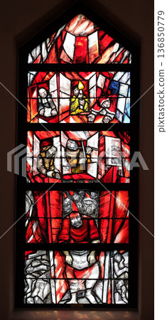 God cares for His own and strengthens them in their life path, stained glass window by Sieger Koder in St. John church in Piflas, Germany God cares for His own and strengthens them in their life path, stained glass window by Sieger Koder in St. John church in Piflas, Germany 136850779