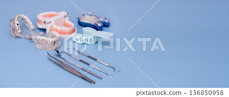 Professional dentistry still life with jaw models, typodont training devices, impression trays and metal dental tools arranged on a clean blue studio background Professional dentistry still life with jaw models, typodont training devices, impression trays and metal dental tools arranged on a clean blue studio background 136850958