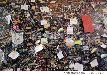 Wall full of messages from lovers in Juliet`s House in Verona, Italy Wall full of messages from lovers in Juliet`s House in Verona, Italy 136851335