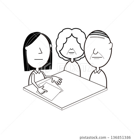 Business person explaining to elderly family members, consultation and contract scene, line drawing illustration Business person explaining to elderly family members, consultation and contract scene, line drawing illustration 136851386