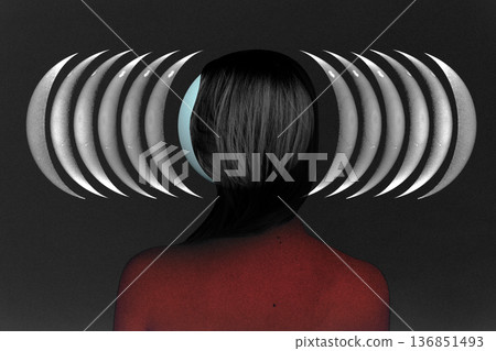 Woman head receiving moon phase brain waves Woman head receiving moon phase brain waves 136851493