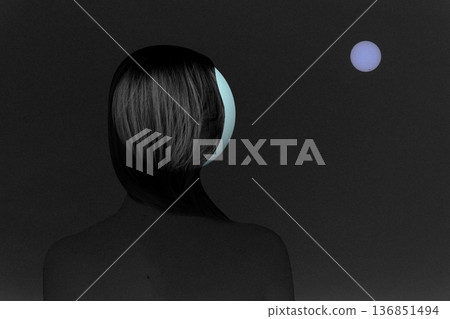 Woman with sphere head looking at moon sphere Woman with sphere head looking at moon sphere 136851494