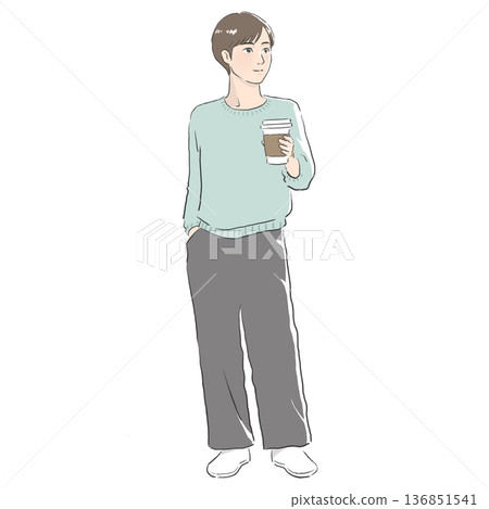 Illustration of a man in casual clothes holding a cup of coffee 136851541