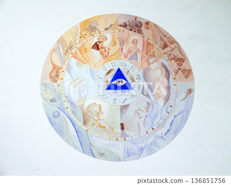 God's all-seeing eye, fresco on the facade of Saint George church in Luson, Italy God's all-seeing eye, fresco on the facade of Saint George church in Luson, Italy 136851756