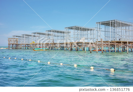 Open sea over water bungalows construction site, Borneo, Malaysia. 136851776