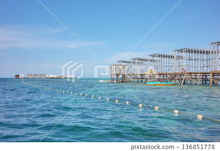 Open sea over water bungalows construction site, Borneo, Malaysia. 136851778