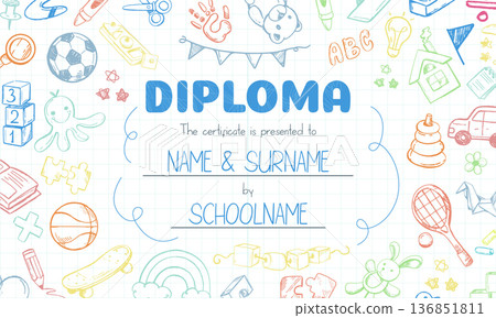 Colorful school diploma template for kids and children with doodle line art elements 136851811