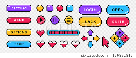 Pixel art arcade ui buttons, arrows, video game item symbols in 8bit retro style Pixel art arcade ui buttons, arrows, video game item symbols in 8bit retro style 136851813