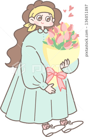 一位微笑的女孩手捧一束鬱金香的插圖 一位微笑的女孩手捧一束鬱金香的插圖 136851897