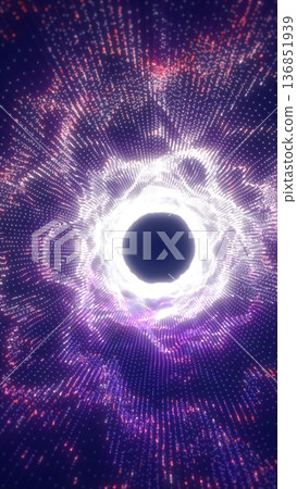 Abstract purple particle vortex with bright circular core, symbolizing energy portal, cosmic motion, and futuristic digital space 136851939