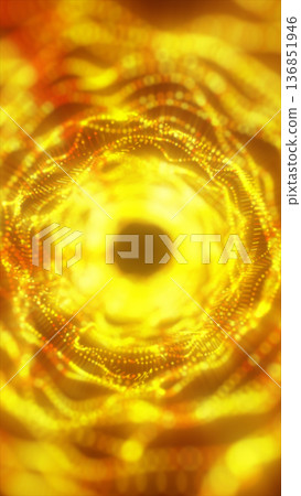 Abstract golden energy vortex with glowing particle waves forming a radiant tunnel and deep central core 136851946