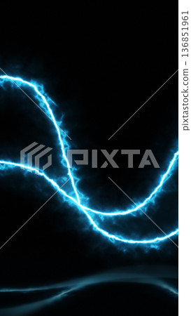Intense electric blue lightning forming curved looping paths on a dark smoky background Intense electric blue lightning forming curved looping paths on a dark smoky background 136851961