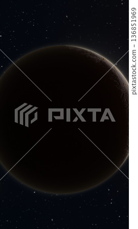 Dramatic planet with rocky surface and glowing rim light in starry outer space, cinematic sci-fi scene Dramatic planet with rocky surface and glowing rim light in starry outer space, cinematic sci-fi scene 136851969