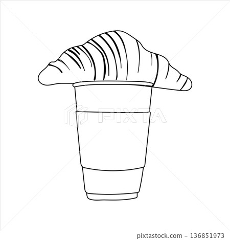 Continuous line art style drawing of a croissant on a takeaway coffee cup. Monochrome sketch Continuous line art style drawing of a croissant on a takeaway coffee cup. Monochrome sketch 136851973