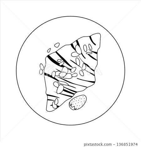Outline vector drawing of a croissant with almonds and strawberry on a plate. Coloring book element. Outline vector drawing of a croissant with almonds and strawberry on a plate. Coloring book element. 136851974