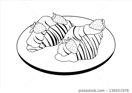 Linear drawing of two croissants with whipped cream and strawberries on a plate. Outline vector art. Linear drawing of two croissants with whipped cream and strawberries on a plate. Outline vector art. 136851976