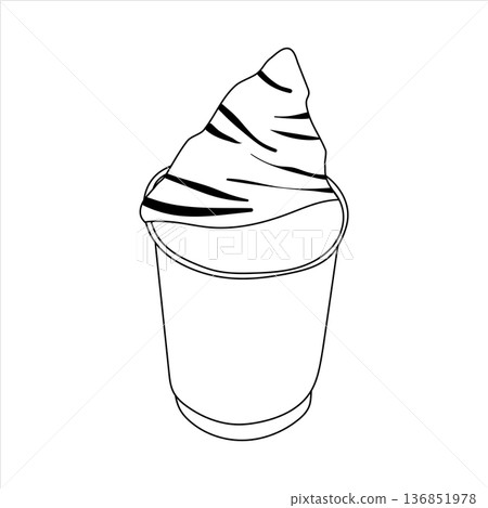 Outline sketch of a fresh croissant dipped into a tall coffee cup. Black and white line art vector. 136851978