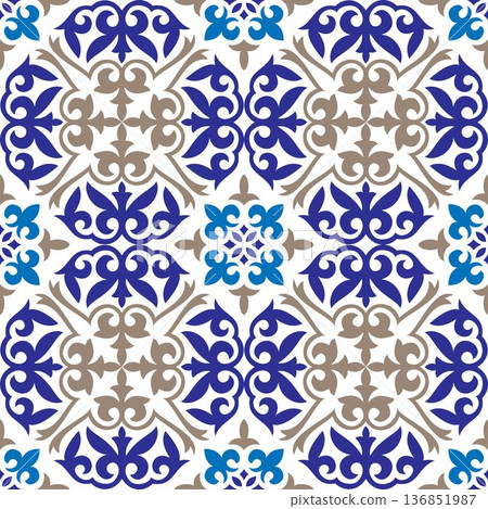 Talavera pattern. Azulejo portugal. Turkish ornament. Moroccan tile mosaic. Spanish porcelain. Ceramic tableware, folk print. Spanish pottery. Ethnic background. Mediterranean seamless wallpaper Talavera pattern. Azulejo portugal. Turkish ornament. Moroccan tile mosaic. Spanish porcelain. Ceramic tableware, folk print. Spanish pottery. Ethnic background. Mediterranean seamless wallpaper 136851987