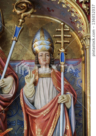 Saint Sylvester statue on the main altar in the Saint Nicholas church in Petschied near Luson, Italy Saint Sylvester statue on the main altar in the Saint Nicholas church in Petschied near Luson, Italy 136852037