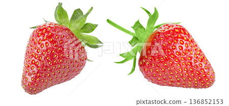 macro shot of two vibrant red strawberries with fresh green stems and leaves macro shot of two vibrant red strawberries with fresh green stems and leaves 136852153