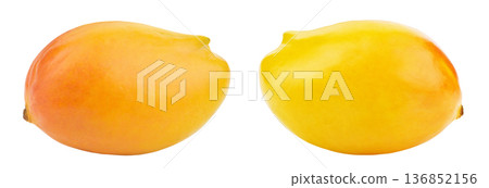 Two whole ripe mango fruits isolated on white background. File Contains Clipping Path. Two whole ripe mango fruits isolated on white background. File Contains Clipping Path. 136852156