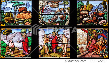 Garden of Eden, stained glass window in Church of Saint Leu Saint Gilles in Paris, France 136852230