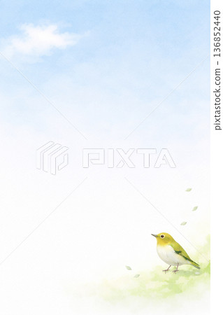 Watercolor background of a white-eye bird standing in a meadow and blue sky. Simple vertical composition with plenty of space. Spring material. 136852440