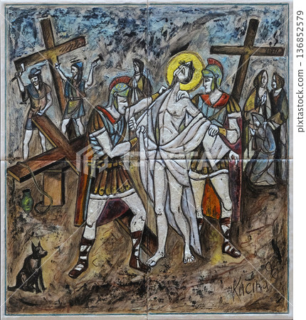 10th Stations of the Cross, Jesus is stripped of His garments, Church of Saint Matthew in Dugave, Zagreb, Croatia 136852579