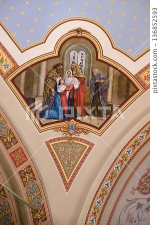 Presentation at the Temple, fresco in the church of Saint Matthew in Stitar, Croatia Presentation at the Temple, fresco in the church of Saint Matthew in Stitar, Croatia 136852593